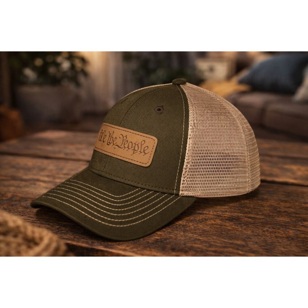 Howitzer Trucker Hat “We the People” Leather Patch Olive Green Tan Mesh Snapback - Picture 2 of 5